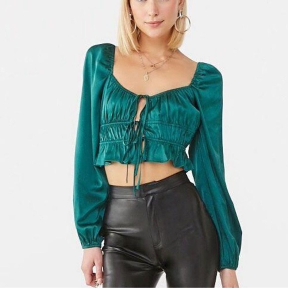 Satin Shirred Tie-Front Cropped Blouse